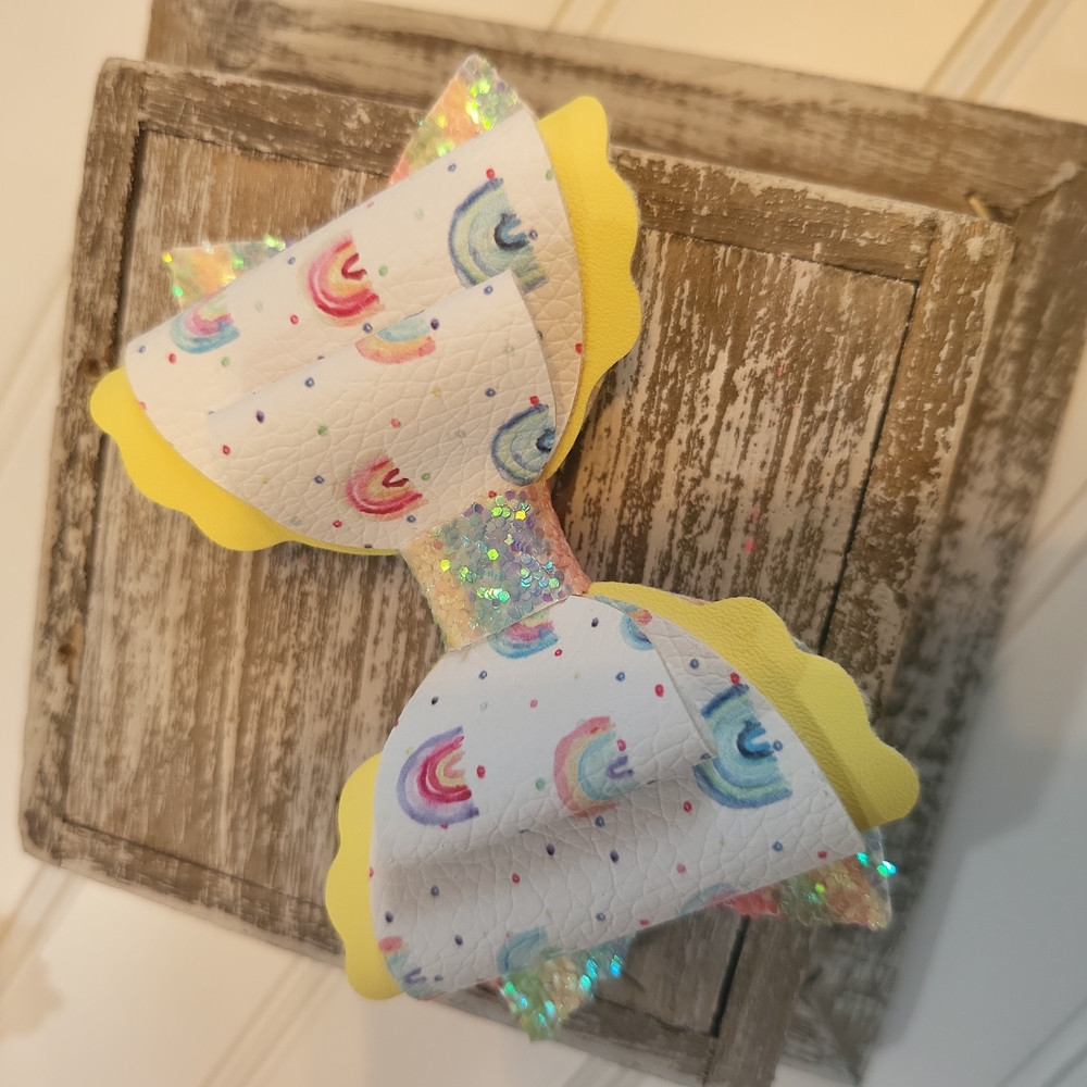 NWT Rainbow Multi Colored Yellow Pink + Blue Faux Leather Bow Clip, Made in USA
